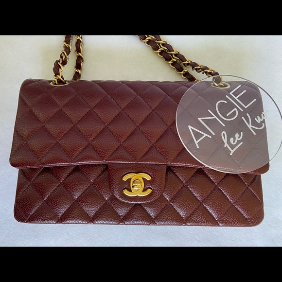 SOLD 15B CHANEL Classic Medium Double Flap Burgundy Caviar Brush Matte Gold HWR - Picture 4 of 16